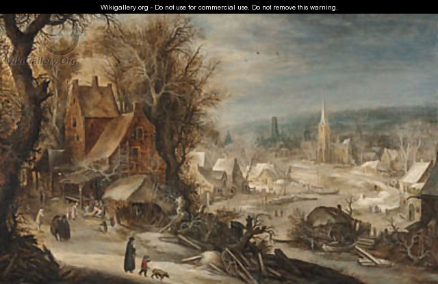 A winter river landscape with a town - Frans de Momper