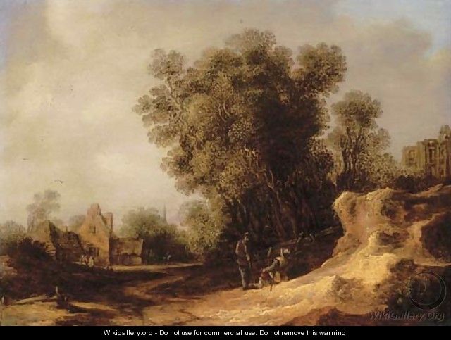A landscape with peasants resting on a bank, a village beyond - Frans de Hulst