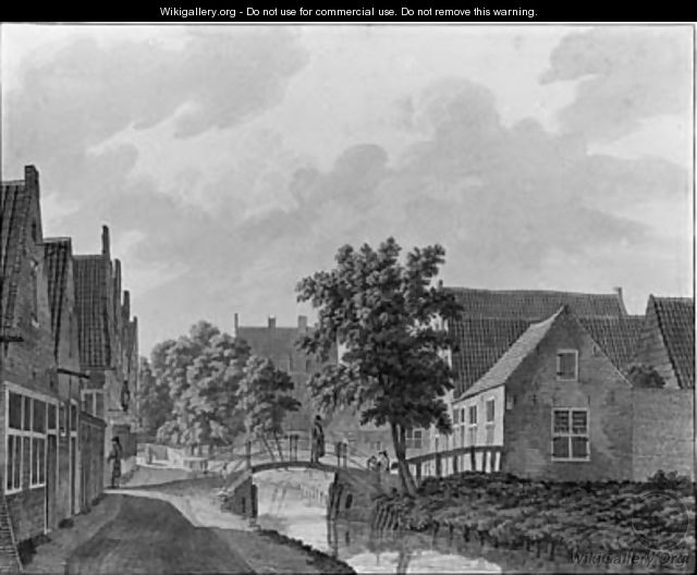 A View of the Voldersgracht in Haarlem, with a man crossing a bridge - Frans Andreas Milatz