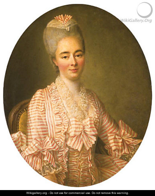 Portrait of a Lady, said to be Yvonette Moulin de la Racinire, seated half-length, in a pink and white striped dress with lace trimmings - Francois-Hubert Drouais