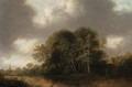 A wooded river landscape with a cottage, a church spire beyond - Francois Van Knibbergen