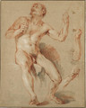 Hercules seated, his head and shoulder in shadow, with subsidiary studies of his right and left arm - Francois Lemoine (see Lemoyne)