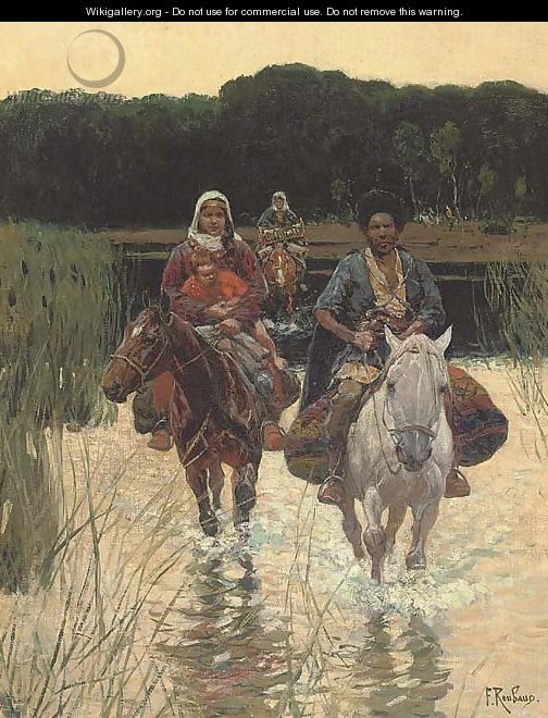 A Cherkesse family fording a river - Frants Alekseevich Rubo