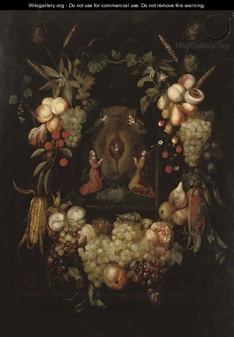 A garland of fruits surrounding a niche with angels worshipping the monstrance - Frans Ykens
