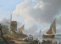 A river landscape with a damlooper and figures on the shore by a windmill - Frans Swagers