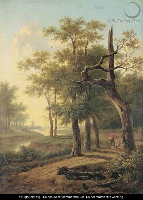 A hunter and his dog in a wooded river landscape, a windmill and boats beyond - Frans Swagers