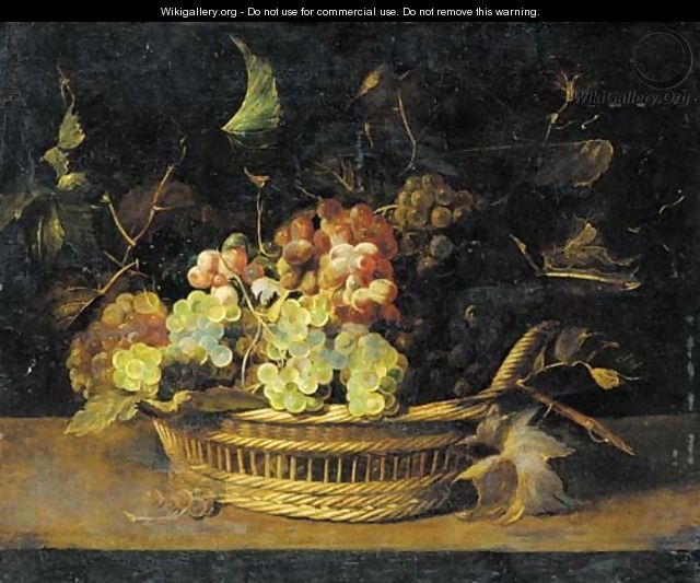 Bunches of grapes in a basket on a ledge - Frans Snyders