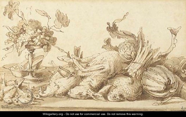 A still life with birds, rabbits and vegetables, with a plate and a tazza with grapes - Frans Snyders