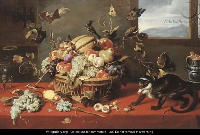 A melon, grapes, apples, pears, peaches and other fruit in a basket, with two facon-de-Venise wineglasses - Frans Snyders