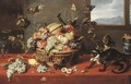 A melon, grapes, apples, pears, peaches and other fruit in a basket, with two facon-de-Venise wineglasses - Frans Snyders