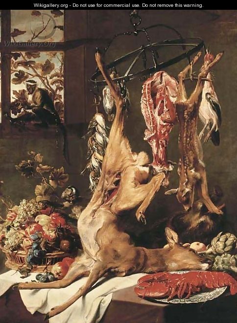 A deer, a fawn and other dead game suspended on hooks, a lobster on a porcelain plate, artichokes and grapes, apples - Frans Snyders