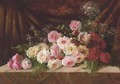 Roses and Baby's Breath on a Cloth-draped Ledge - Frans Mortelmans