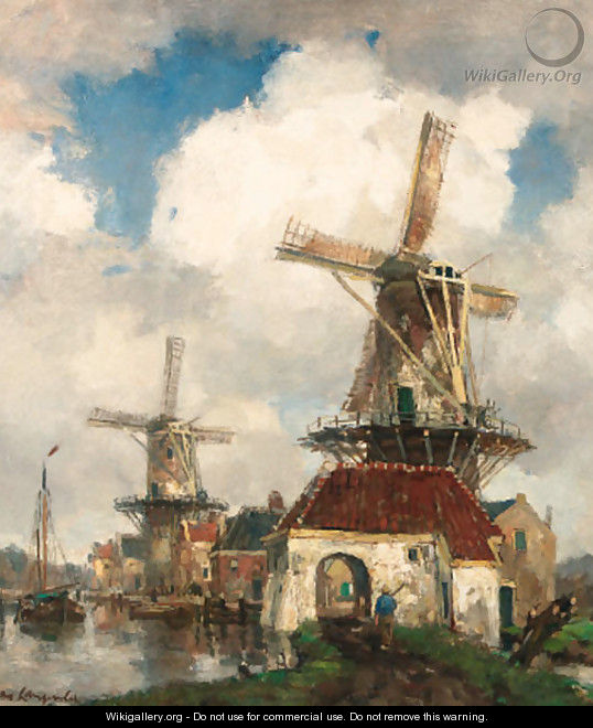 Windmills along a canal - Frans Langeveld