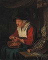 An old woman peeling apples by a table laden with onions - Josef Schierl