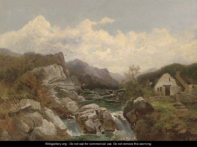 A cottage beside a rocky mountain stream - Joseph Horlor