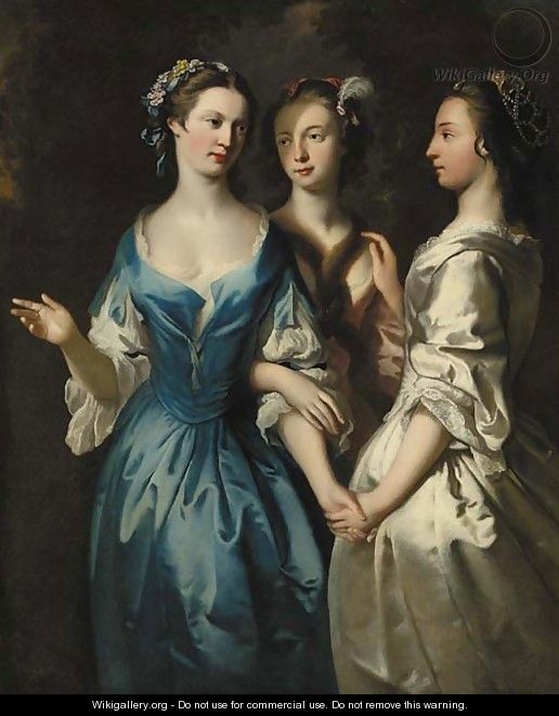 Three girls, three-quarter-length, in blue, pink and oyster satin dresses, in a landscape - Joseph Highmore
