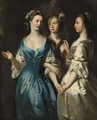 Three girls, three-quarter-length, in blue, pink and oyster satin dresses, in a landscape - Joseph Highmore