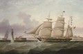 The barque Emilia heading into Liverpool and shown in two positions off the Perch Rock fort and lighthouse - Joseph Heard