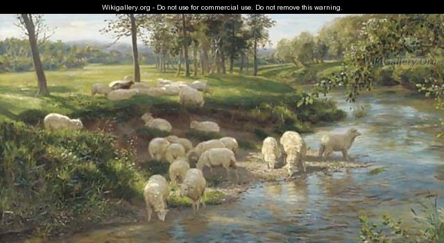 Sheep grazing by a river - Joseph Farquharson