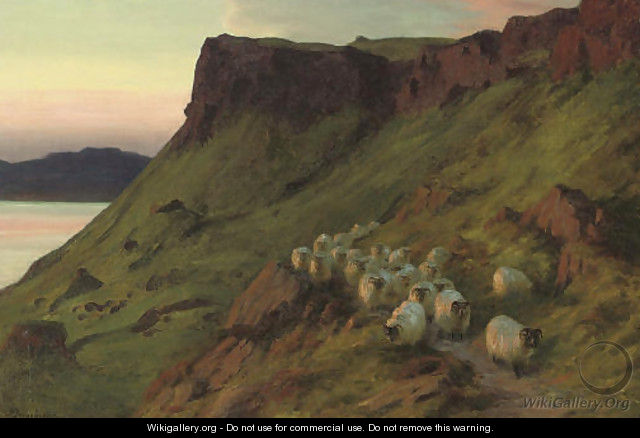 Sheep below the Greeben Cliff, Mull, Evening - Joseph Farquharson