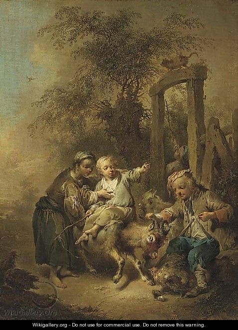 A young peasant family disporting with a billy goat in a farmyard - Joseph Conrad Seekatz