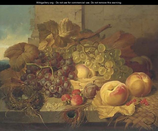 Red and white grapes in a basket, with peaches, a plum, strawberries and white currents, a bird