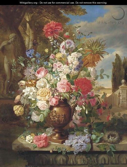 Roses, lillies, tulips, poppies and other flowers in a vase in a classical garden - John Wainwright