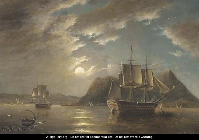 H.M.S. Minden 74, off Gibraltar, moonlight - James Wilson Carmichael