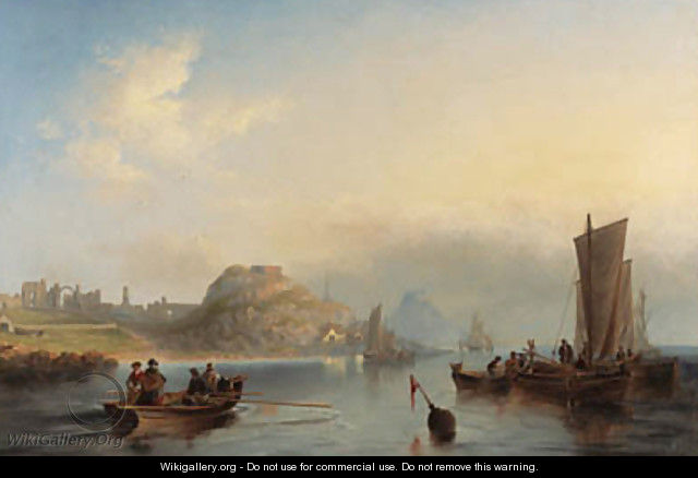 Fishing boats off Holy Island, Northumberland, with Lindisfarne Abbey and castle in the distance - James Wilson Carmichael