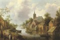 A river landscape with figures outside an inn and fishermen in boats, a town beyond - Joost Cornelisz. Droochsloot