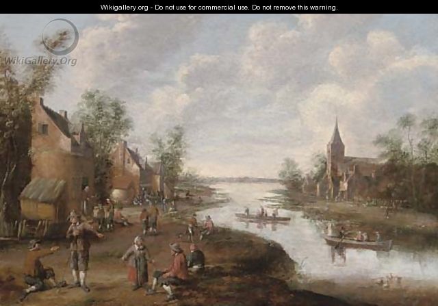 An extensive river landscape with peasants in a village, a church beyond - Joost Corenlisz. Droogsloot