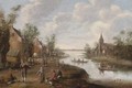 An extensive river landscape with peasants in a village, a church beyond - Joost Corenlisz. Droogsloot