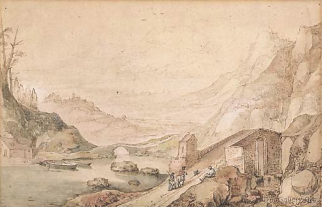 An extensive mountainous landscape with travellers crossing a bridge - Joos or Josse de, The Younger Momper