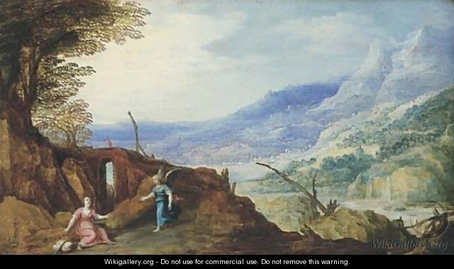An extensive mountainous landscape with an angel appearing to Hagar - Joos or Josse de, The Younger Momper
