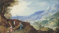 An extensive mountainous landscape with an angel appearing to Hagar - Joos or Josse de, The Younger Momper