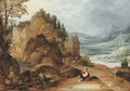 A mountainous river landscape with the Rest on the Flight into Egypt - Joos or Josse de, The Younger Momper
