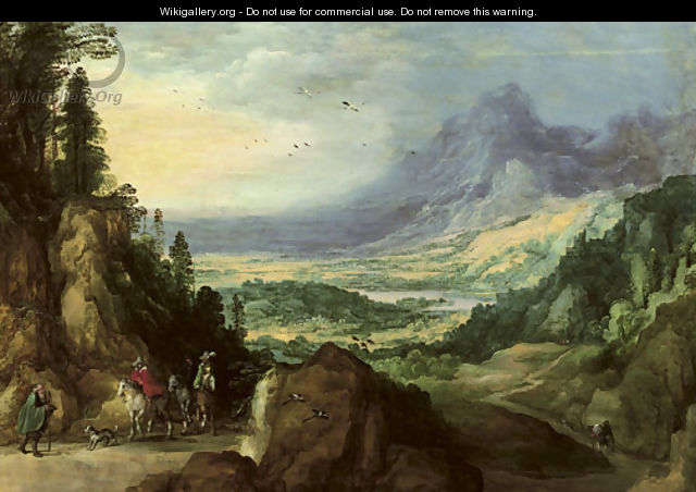 A mountainous landscape with horsemen meeting a beggar on a path, a lake in the distance - Joos or Josse de, The Younger Momper