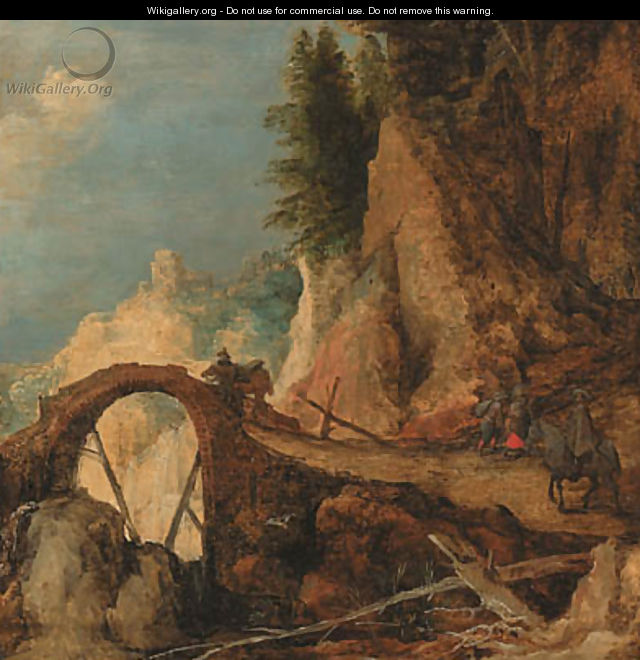 A mountain landscape with travellers on a path approaching a bridge over a gorge - a fragment - Joos or Josse de, The Younger Momper