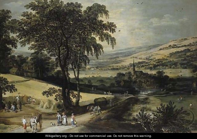 Summer An extensive landscape with harvesters cutting a cornfield and travellers and wagons on a road, a village beyond - Joos or Josse de, The Younger Momper
