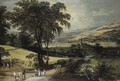 Summer An extensive landscape with harvesters cutting a cornfield and travellers and wagons on a road, a village beyond - Joos or Josse de, The Younger Momper