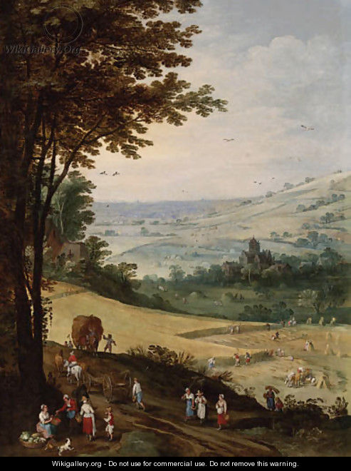 Peasants harvesting, an extensive landscape with a church beyond - Joos or Josse de, The Younger Momper