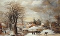 A winter landscape with a muleteer and villagers conversing by his train, travellers by a house and faggot-gatherers with their wagons on a path, a vi - Joos or Josse de, The Younger Momper