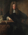 Portrait of Sir John Holt (1642-1710), Lord Chief Justice of the King's bench, seated three-quarter-length, in a black coat, resting his arm on table - Jonathan Richardson