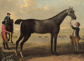 Childers, a dark bay racehorse held by a groom, with a horse and rider and jockey beside him, in an extensive landscape. - John Wootton