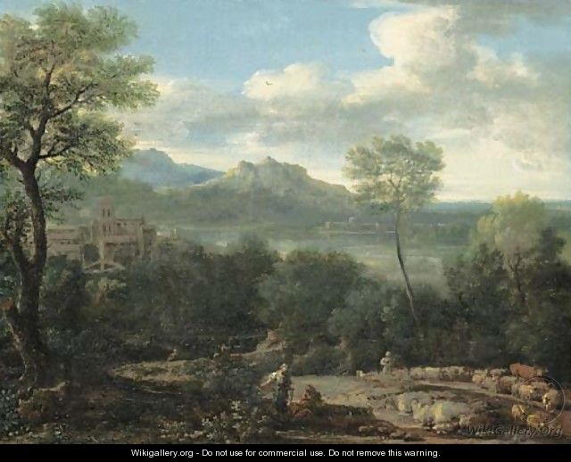 An Italianate landscape with a shepherd and shepherdess in the foreground and a hilltop village overlooking a lake and mountains beyond - John Wootton