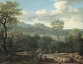 An Italianate landscape with a shepherd and shepherdess in the foreground and a hilltop village overlooking a lake and mountains beyond - John Wootton