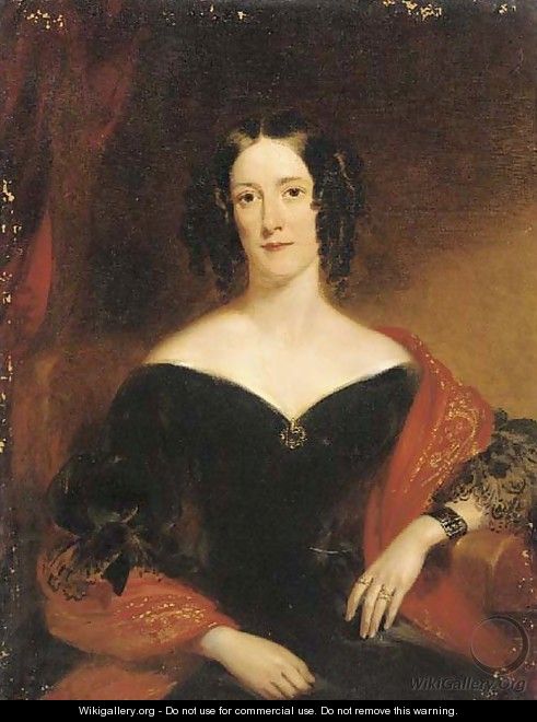 Portrait of Marie Louise McMullin, nee Lenferna de Laresta, seated three-quarter-length, in a black dress and red shawl - John Wood
