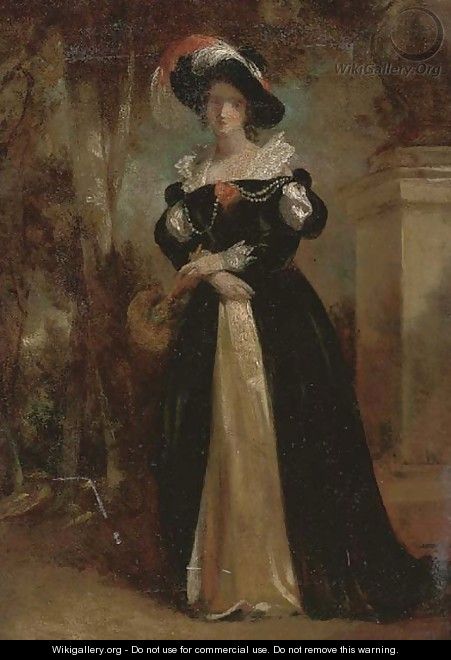 An elegant lady, small full-length, in a black dress and feathered hat, in a garden - John Wood