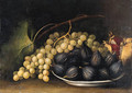 A Bunch of white Grapes with Figs in a shallow Bowl - Jos Gozalves De Coniedo