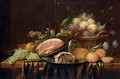 Ham and a sweetmeat pie on pewter plates, peaches, grapes, figs and plums in a basket, a bread roll, oranges, a sprig of cherries, a bunch of grapes - Joris Van Son